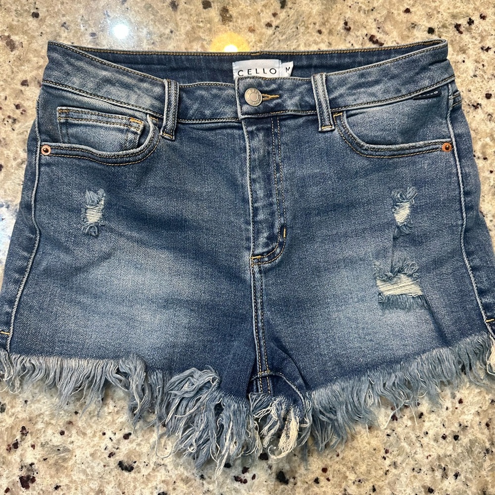 Cello Blue Jean Shorts with Distressed Frayed Hem